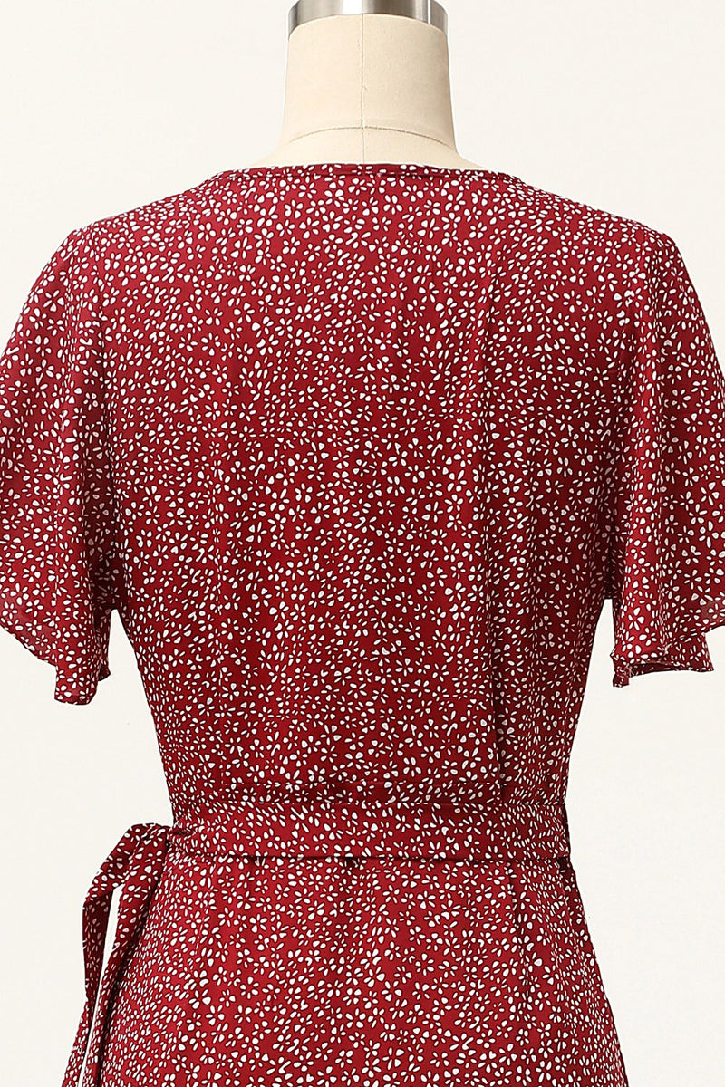 Load image into Gallery viewer, Summer Burgundy Print Wrap Casual Dress