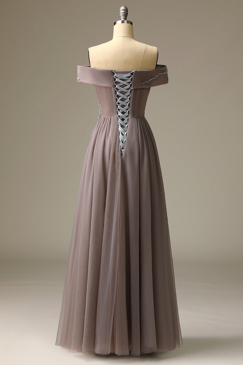 Load image into Gallery viewer, Grey Off Shoulder Prom Dress