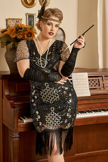 Black Golden Beaded Sequins 1920s Plus Size Dress
