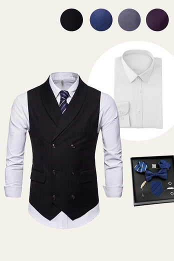 Black Single Breasted Shawl Lapel Men Vest with Shirts Accessories Set