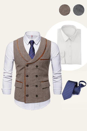Grey Double Breasted Plaid Men Vest with Shirts Accessories Set