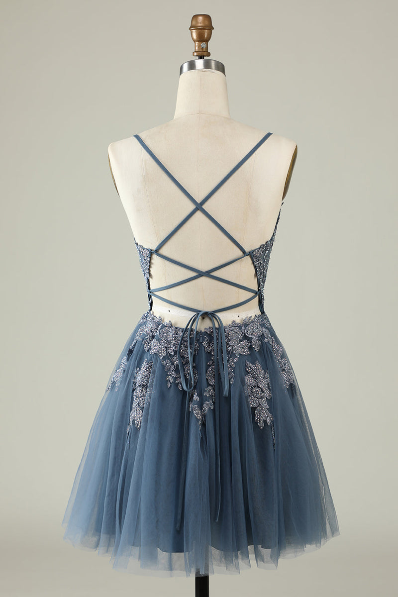 Load image into Gallery viewer, A Line Spaghetti Straps Grey Blue Graduation Dress with Appliques