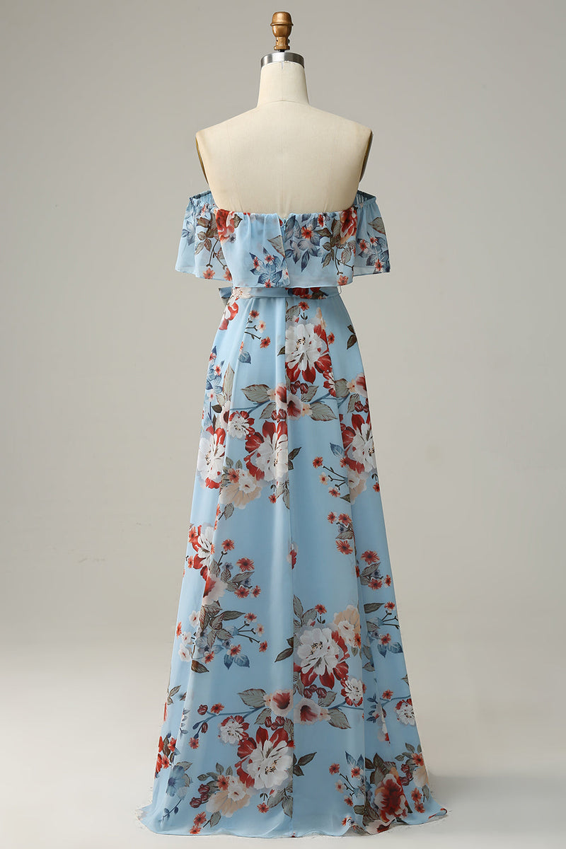 Load image into Gallery viewer, Dark Blue Floral Boho Chiffon Long Bridesmaid Dress