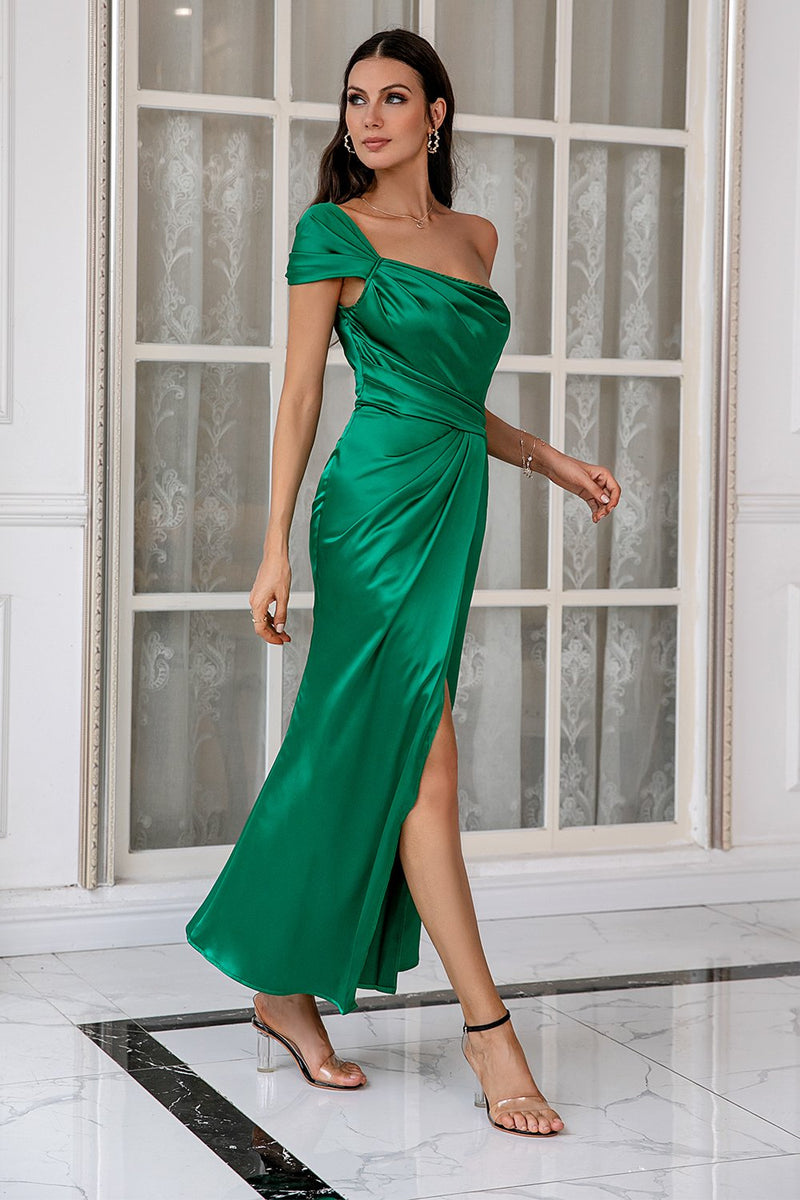 Load image into Gallery viewer, One Shoulder Dark Green Mother Dress with Split Front