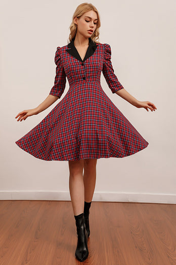 Red Plaid Knee Length Dress