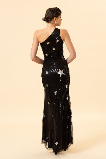 Black Sequin Sheath One Shoulder Prom Dress with Stars