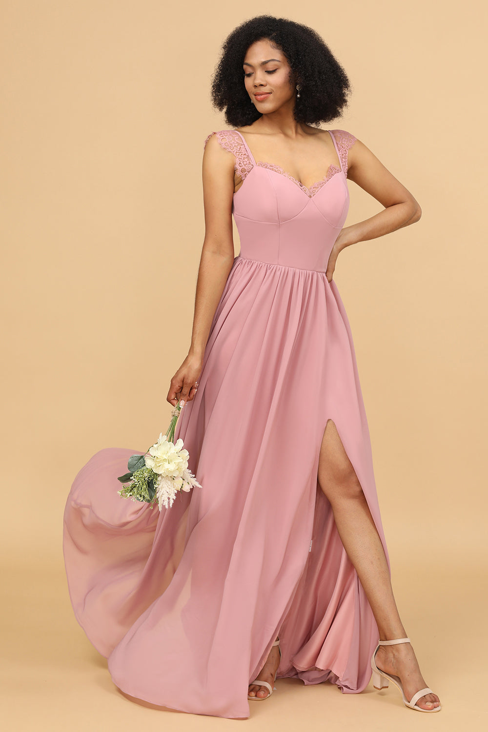 Blush Long Chiffon Bridesmaid Dress with Lace