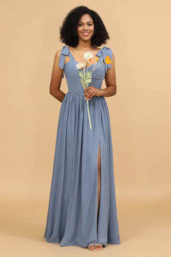 Grey Blue Spaghetti Straps Long Chiffon Bridesmaid Dress with Slit