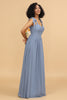 Load image into Gallery viewer, Grey Blue Spaghetti Straps Long Chiffon Bridesmaid Dress with Slit
