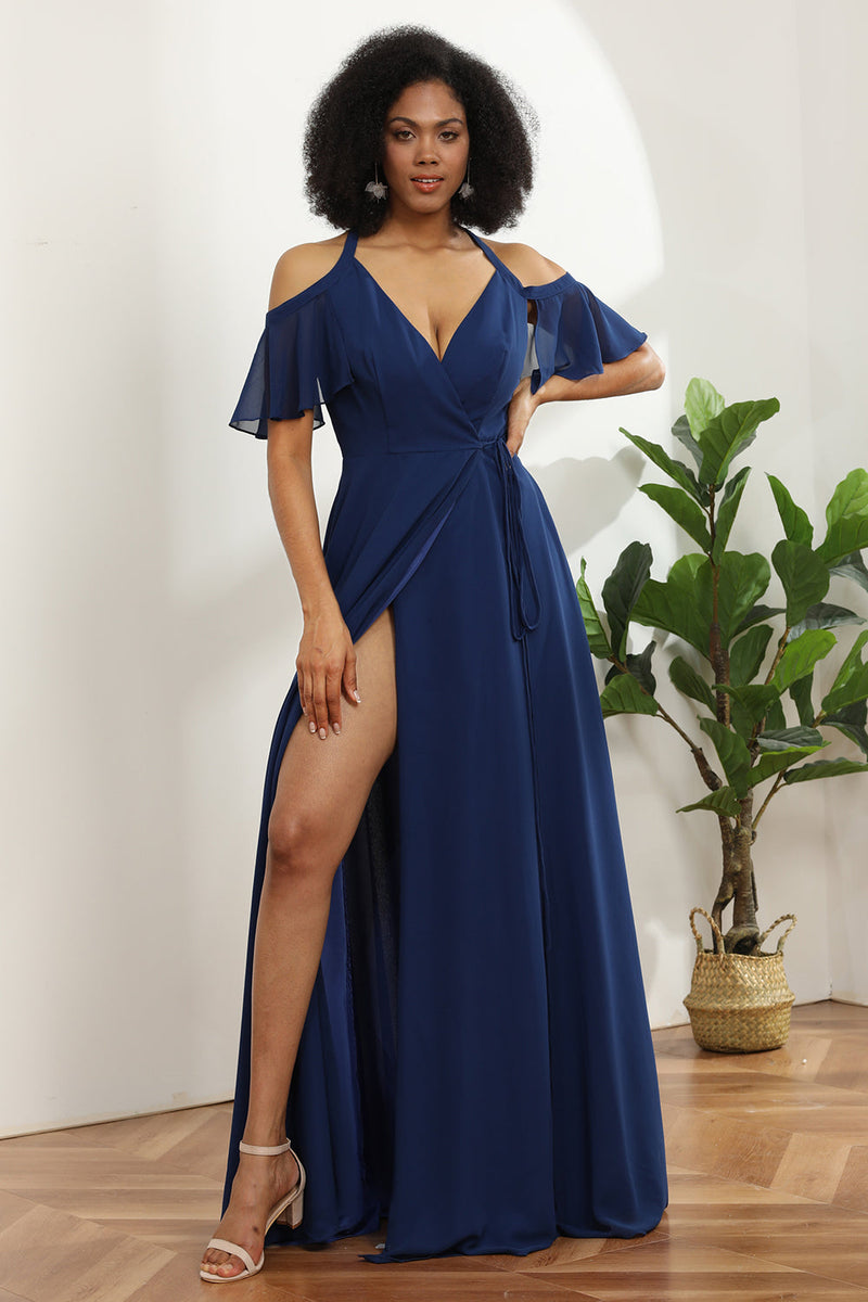 Load image into Gallery viewer, Cold Shoulder Navy Chiffon Bridesmaid Dress with Slit