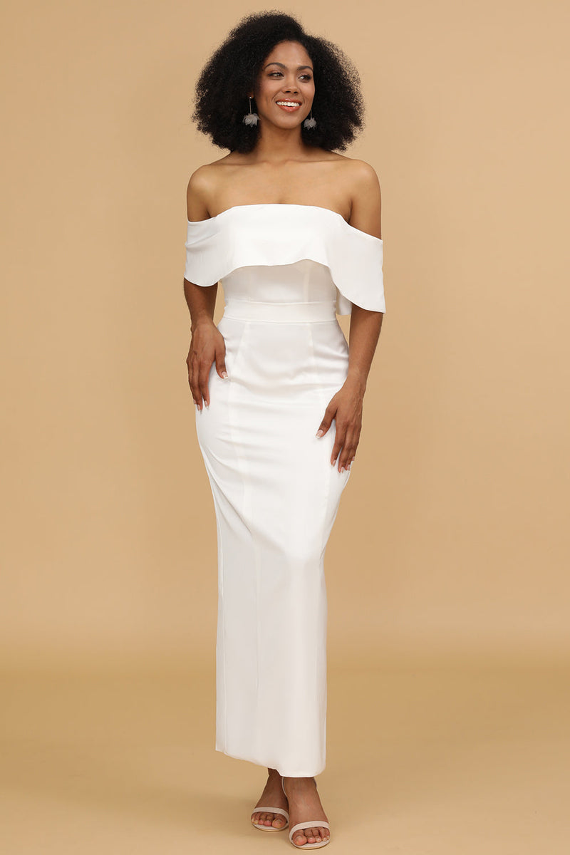 Load image into Gallery viewer, White Off the Shoulder Satin Bridesmaid Dress