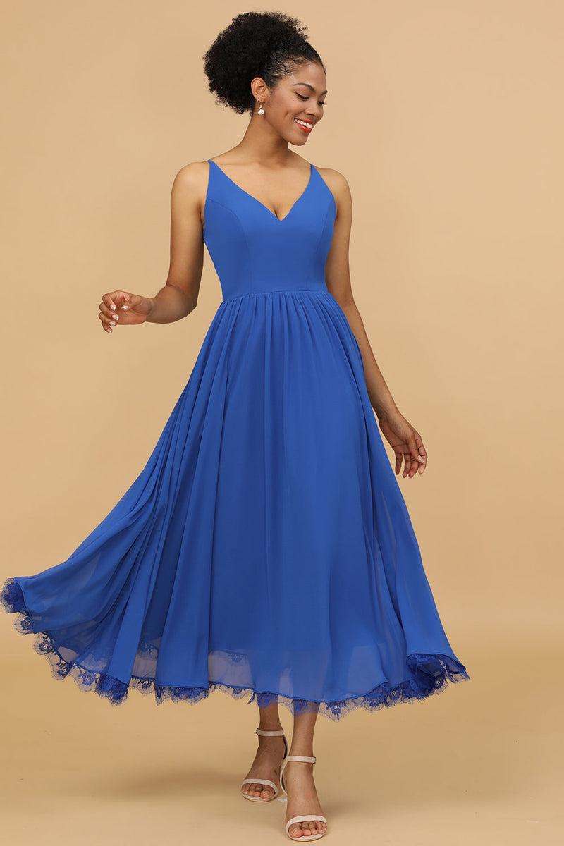 Load image into Gallery viewer, Royal Blue V-Neck Chiffon Bridesmaid Dress