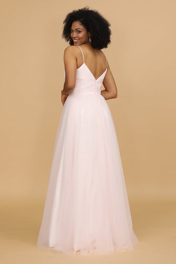 Pink Spaghetti Straps Tulle Bridesmaid Dress