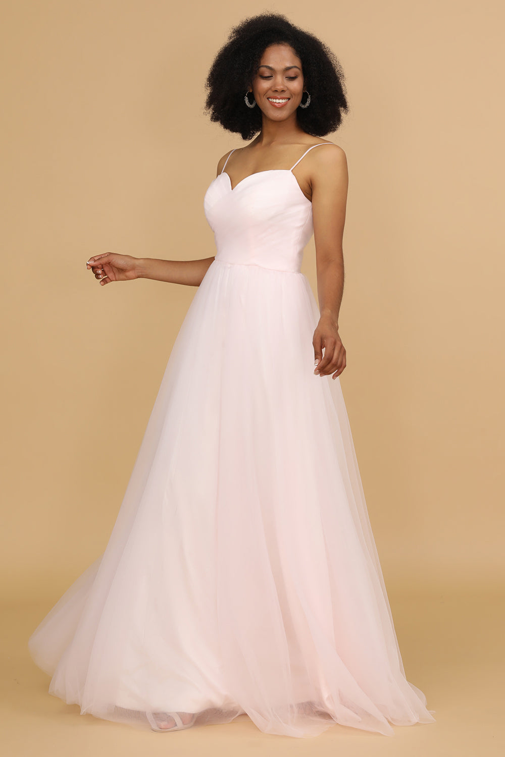 Pink Spaghetti Straps Tulle Bridesmaid Dress