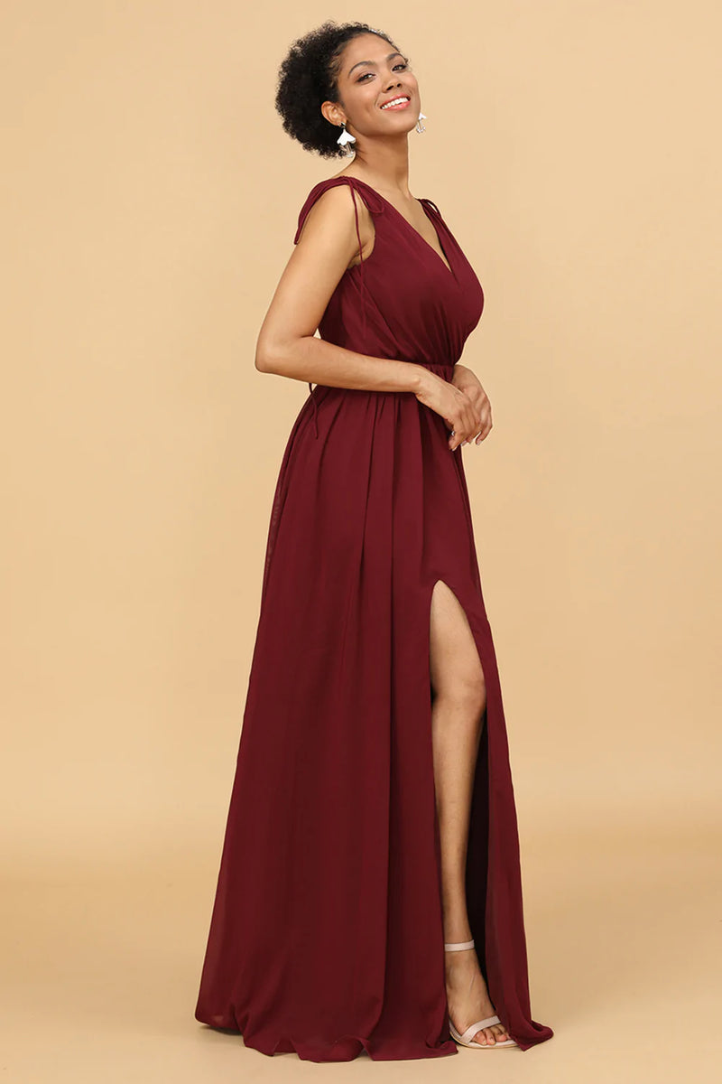 Load image into Gallery viewer, Burgundy V-Neck Lace Up Bridesmaid Dress With Slit
