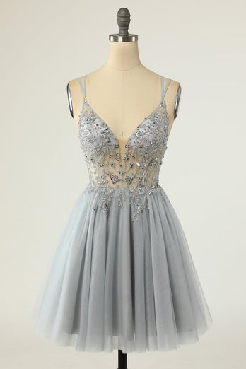 Gorgeous A Line Spaghetti Straps Grey Short Prom Dress with Beading