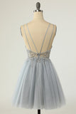 Gorgeous A Line Spaghetti Straps Grey Short Prom Dress with Beading