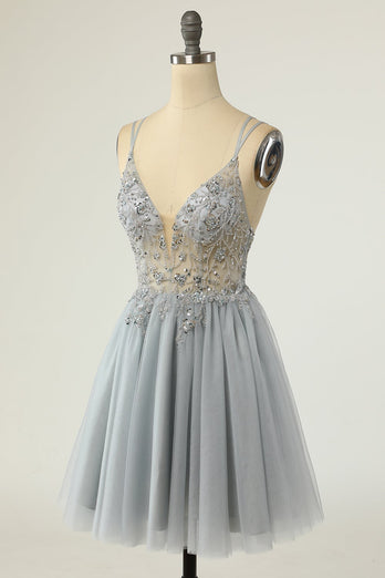 Gorgeous A Line Spaghetti Straps Grey Short Prom Dress with Beading