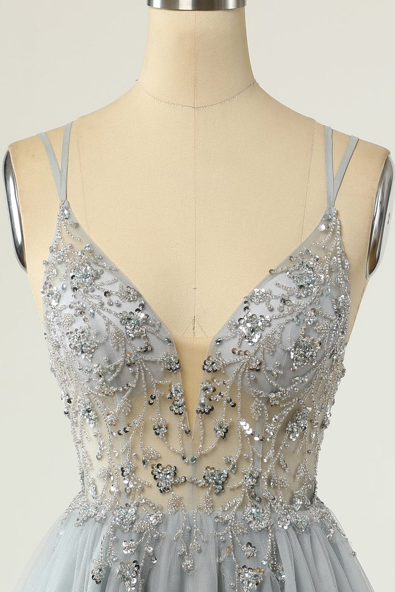 Load image into Gallery viewer, Gorgeous A Line Spaghetti Straps Grey Short Prom Dress with Beading