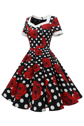 White Dots Red Floral Vintage Dress