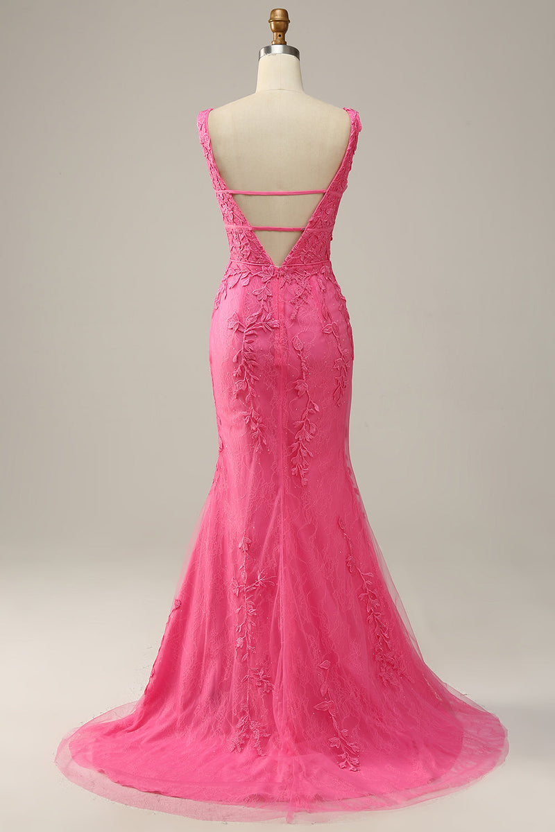 Load image into Gallery viewer, Mermaid Deep V Neck Hot Pink Long Prom Dress with Open Back