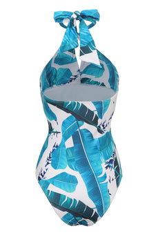 Blue Halter Printed Swimwear with Keyhole