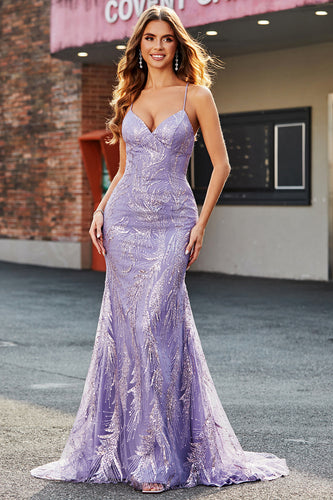 Lilac Sparkly Mermaid Long Prom Dress with Beading