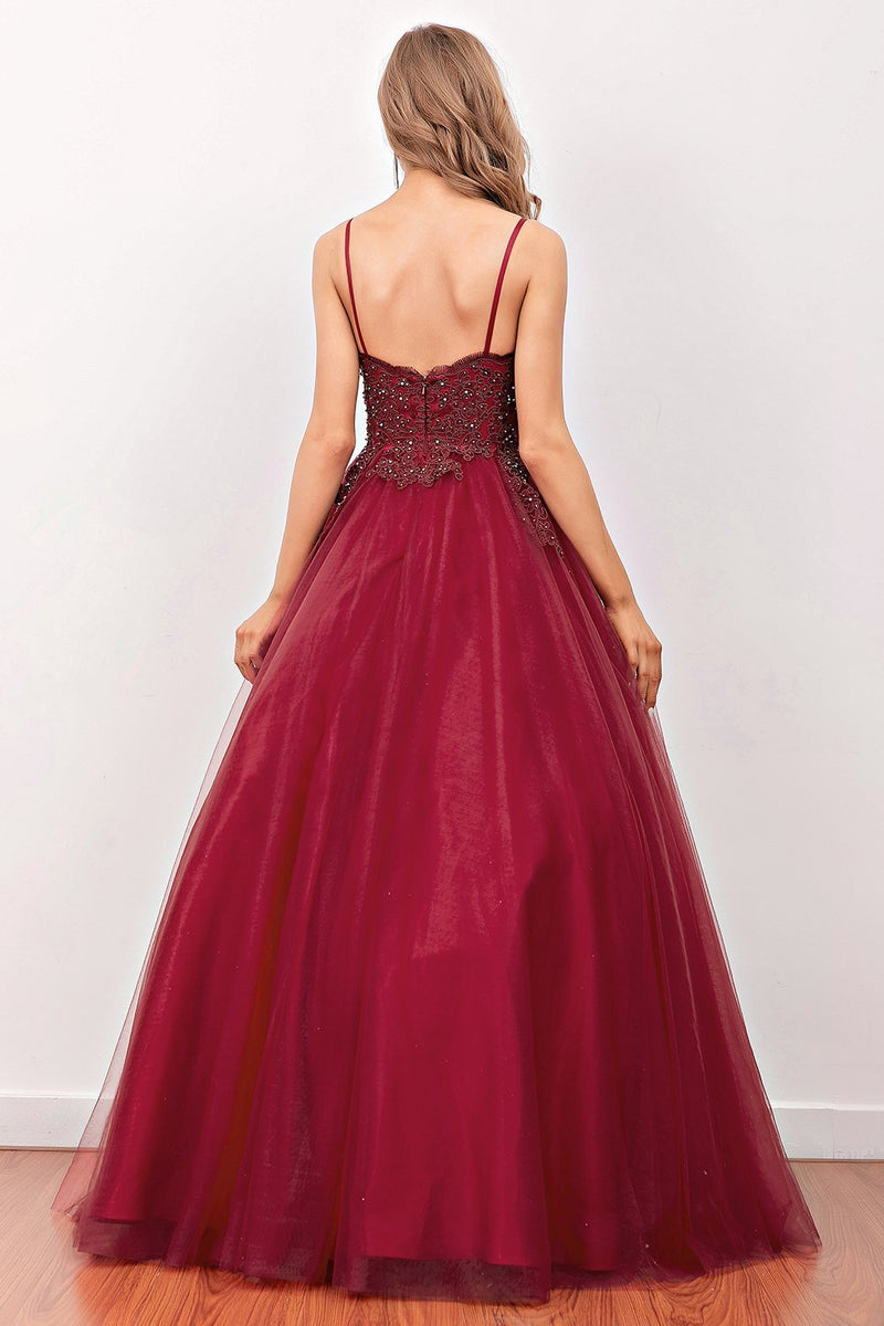 Load image into Gallery viewer, Burgundy Beaded Long Prom Dress