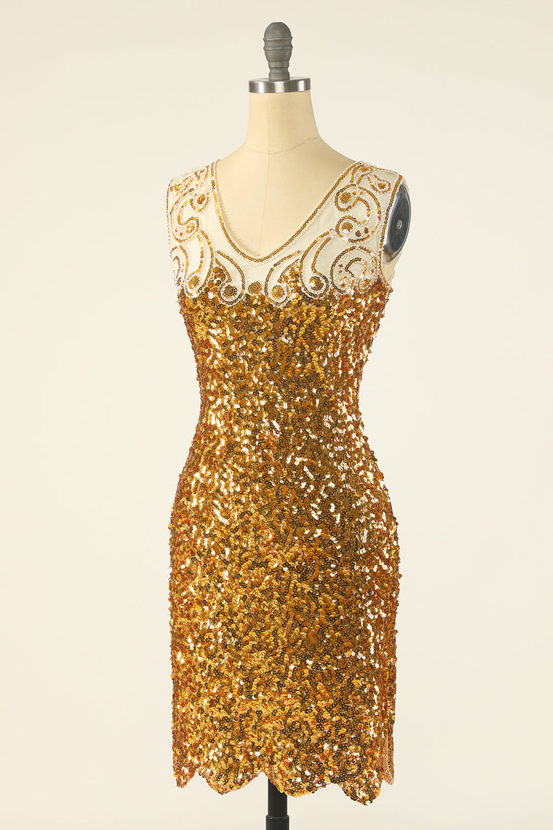 Load image into Gallery viewer, Golden Sequins V-Neck 1920s Flapper Dress