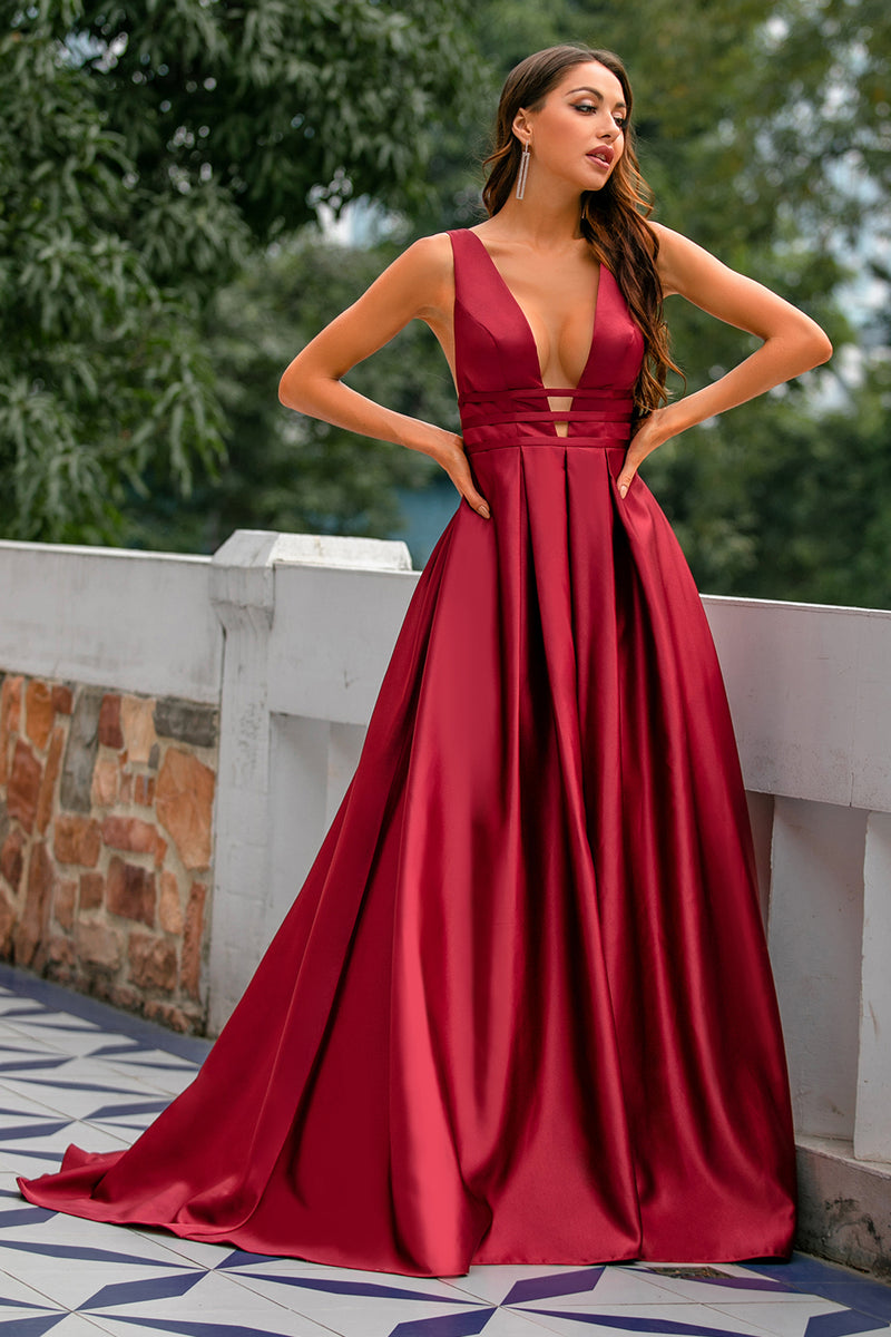 Load image into Gallery viewer, Burgundy Satin Prom Dress