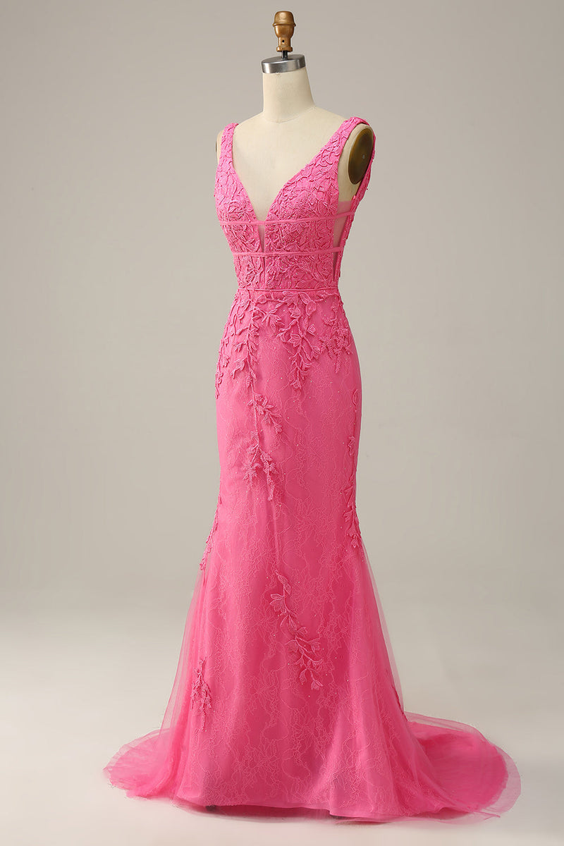 Load image into Gallery viewer, Mermaid Deep V Neck Hot Pink Long Prom Dress with Open Back