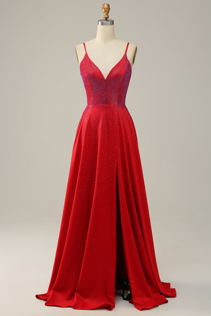 Load image into Gallery viewer, A Line Red Spaghetti Straps Beaded Long Prom Dress
