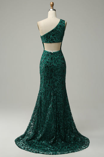 Mermaid One Shoulder Dark Green Sequins Long Prom Dress with Split Front