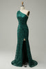 Load image into Gallery viewer, Mermaid One Shoulder Dark Green Sequins Long Prom Dress with Split Front