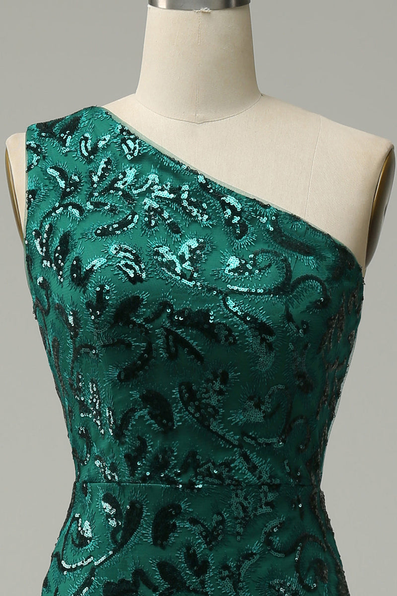 Load image into Gallery viewer, Mermaid One Shoulder Dark Green Sequins Long Prom Dress with Split Front