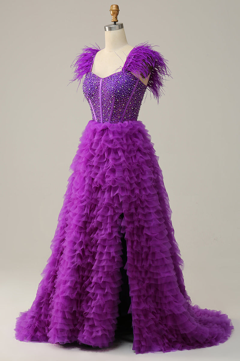 Load image into Gallery viewer, A Line Sweetheart Purple Long Prom Dress with Beading Feathers
