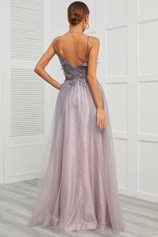 Spaghetti Straps Appliques Long Prom Dress with Split Front