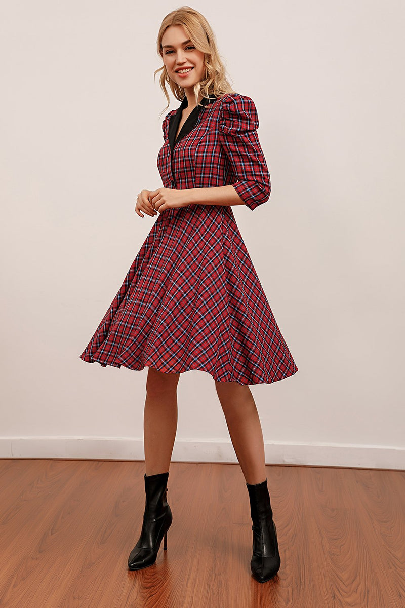 Load image into Gallery viewer, Red Plaid Knee Length Dress