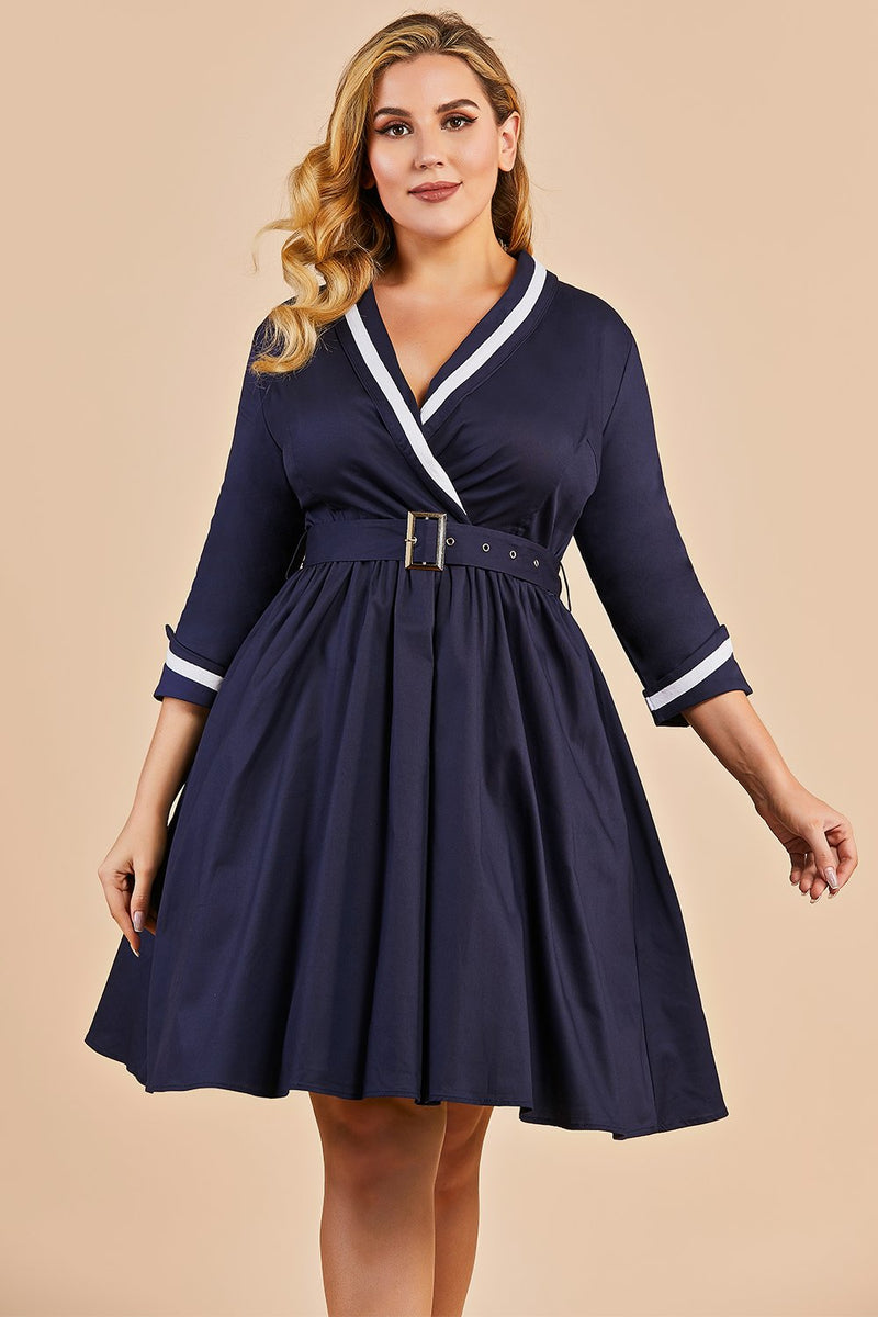 Load image into Gallery viewer, Navy Blue Vintage Plus Size Wrap Dress