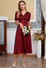 Load image into Gallery viewer, Burgundy V Neck Wedding Guest Dress