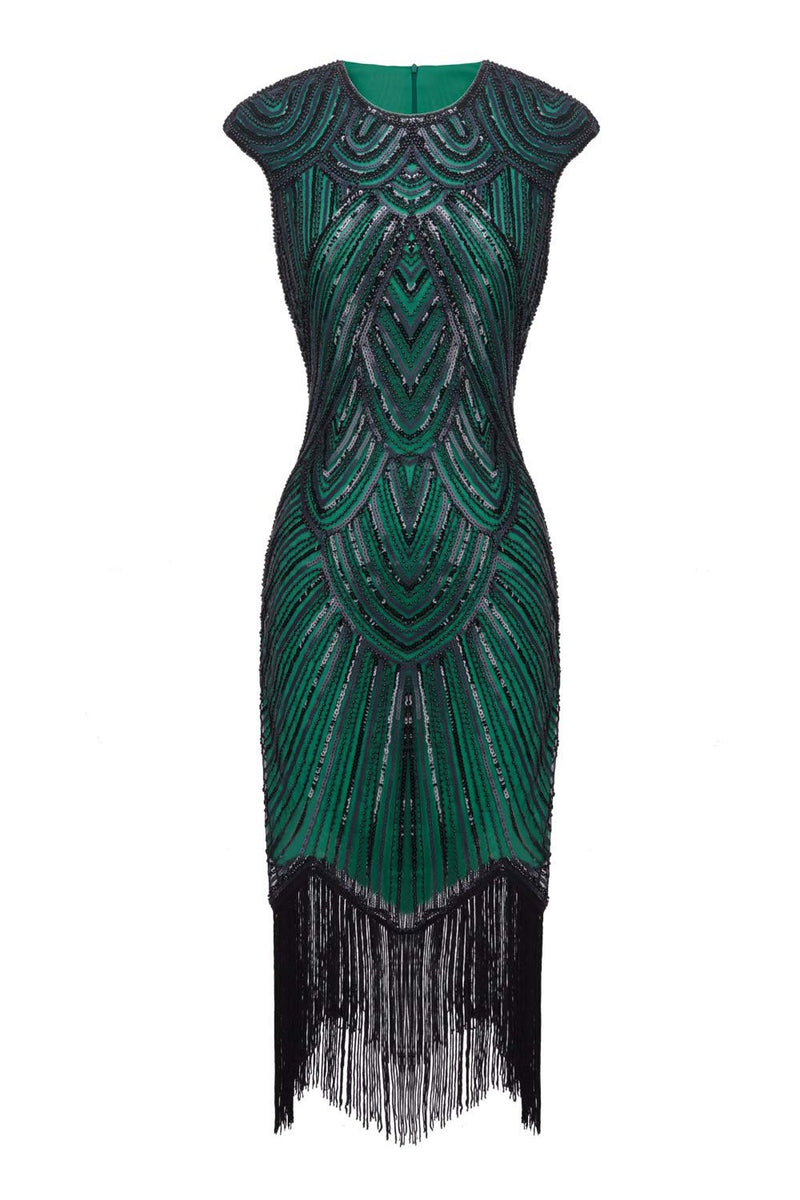 Load image into Gallery viewer, Green Sequin 1920s Fringe Flapper Dress