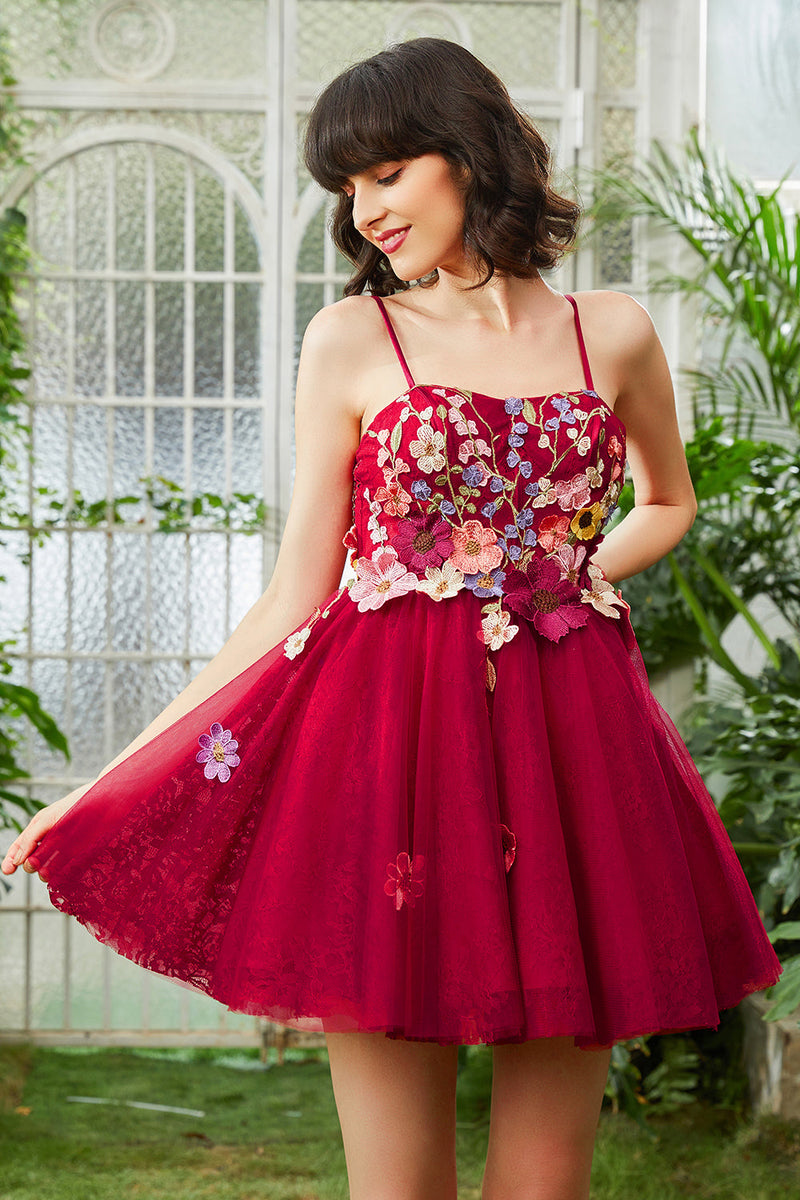 Load image into Gallery viewer, Burgundy A Line Spaghetti Straps Cocktail Dress With 3D Flowers