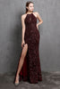 Load image into Gallery viewer, Burgundy Sequin Long Prom Dress with Slit