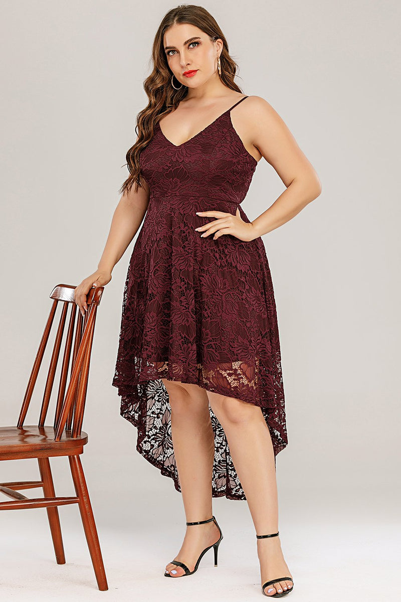 Load image into Gallery viewer, Burgundy High low Lace Plus Size Dress