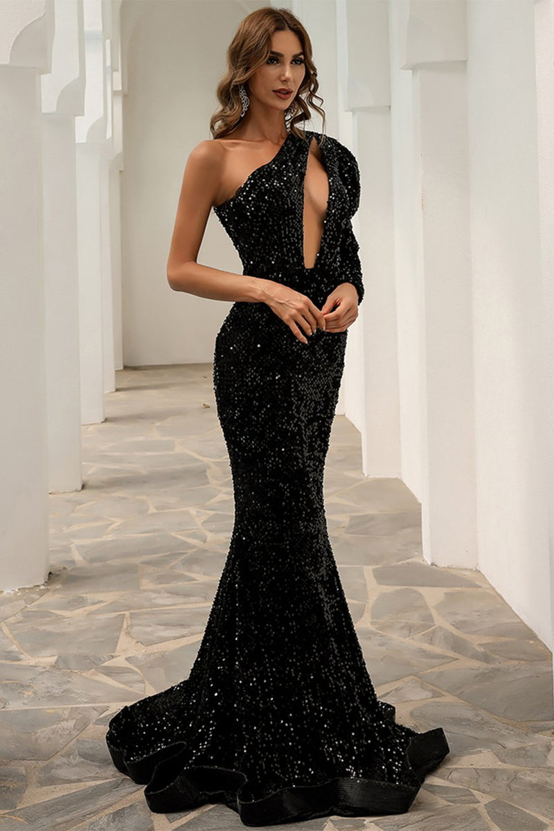 Load image into Gallery viewer, One Shoulder Sequins Mermaid Prom Dress