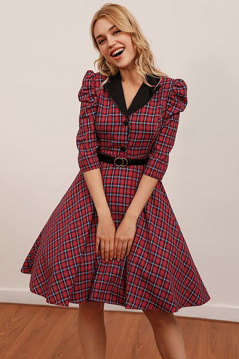 Red Plaid Knee Length Dress