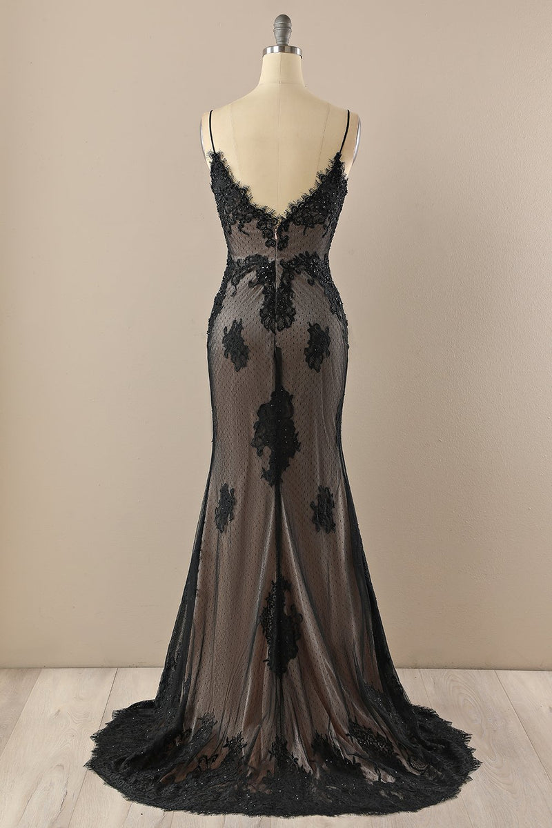 Load image into Gallery viewer, Black V neck Beaded Prom Dress
