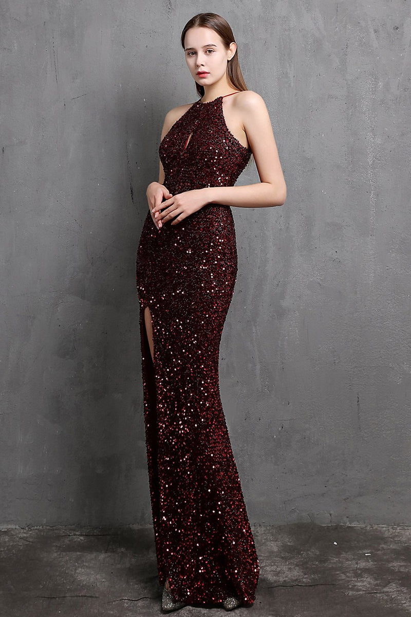Load image into Gallery viewer, Burgundy Sequin Long Prom Dress with Slit