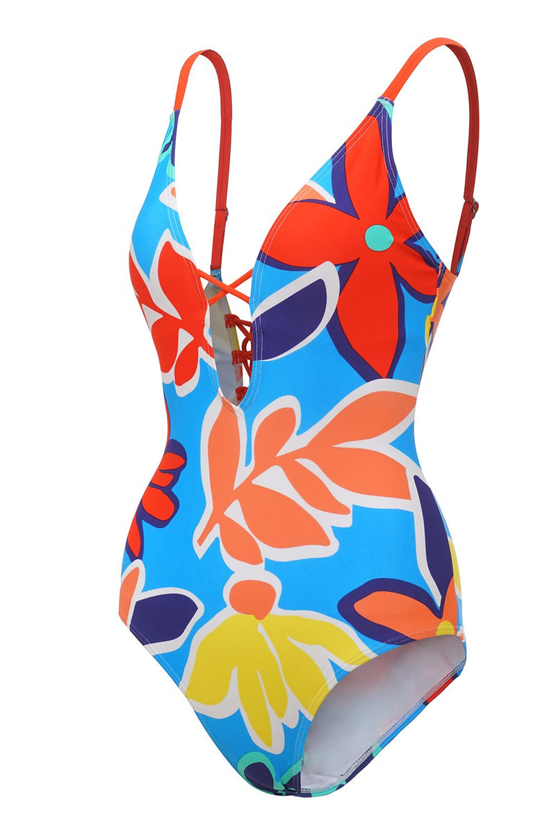 Load image into Gallery viewer, Blue Printed Spaghetti Straps One Piece Swimwear