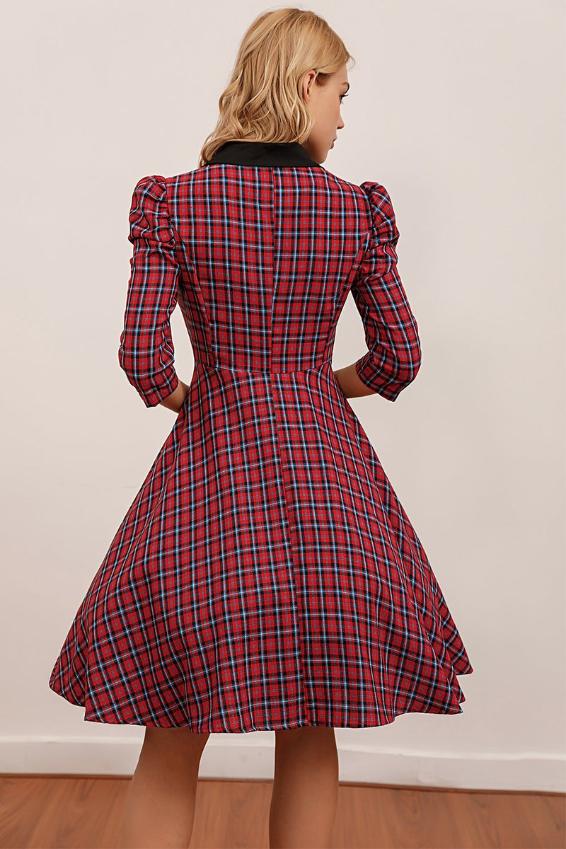 Load image into Gallery viewer, Red Plaid Knee Length Dress